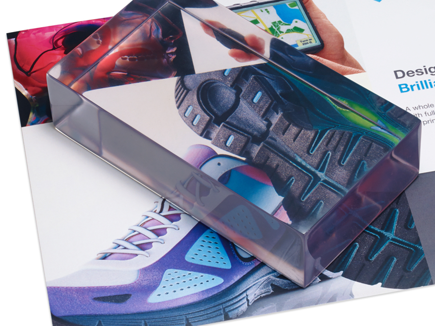 Transparent block 3D printed with VeroUltraClearS material.