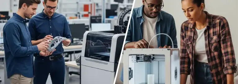 men standing in factory with printer couple working on printer