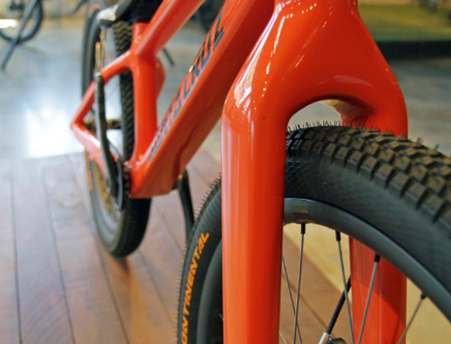 Orange Santa Cruz bicycle along the side.