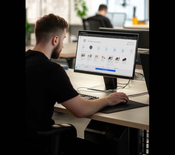 Guy sitting at computer looking at Stratasys Direct RapidQuotes™