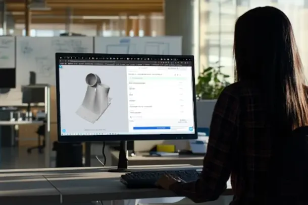 Woman in office setting on computer looking at RapidQuotes Stratasys Direct