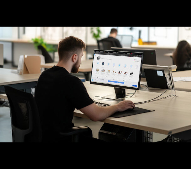 Engineer using computer to order 3d printed parts from RapidQuotes | Stratasys Direct