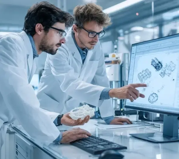 Two engineers in lab coats review a 3D CAD model of a medical device on a computer monitor while one of them holds a 3D printed prototype.