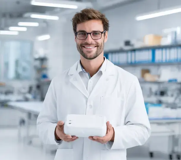 Engineer in a lab coat holding a white 3D printed medical device prototype while standing in a clean, modern medical manufacturing lab.