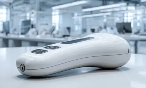 A sleek white handheld medical device with digital buttons and a display, shown on a clean surface in a bright clinical lab setting.