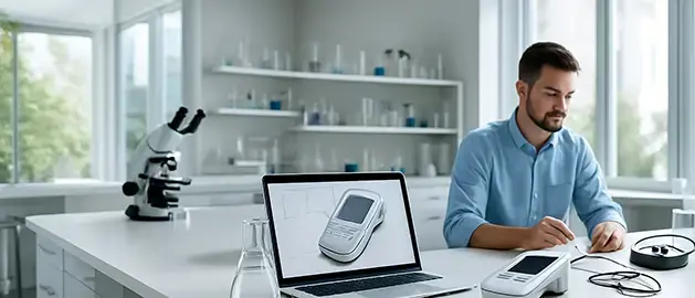 Engineer at a medical device startup testing a 3D printed handheld device at a lab bench, with a laptop displaying the device’s digital design.