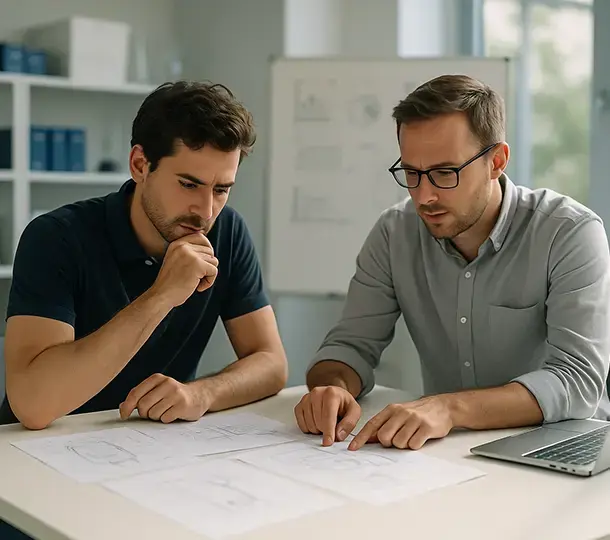 Two colleagues reviewing printed technical medical device drawings at a table, discussing design details with a laptop and whiteboard in the background