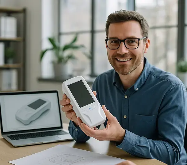 Engineer smiling while holding a handheld 3d printed medical device prototype, with the device’s digital rendering displayed on a laptop and design sketches on the desk.
