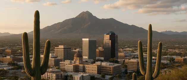 Scenic view of downtown Tucson, Arizona at sunset with iconic saguaro cacti and mountains in the background—representing Stratasys Direct’s local 3D printing expertise in the Southwest.