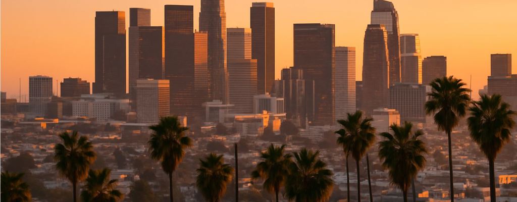 Downtown Los Angeles skyline at sunset with palm trees in the foreground—representing Stratasys Direct’s 3D printing services in Southern California.