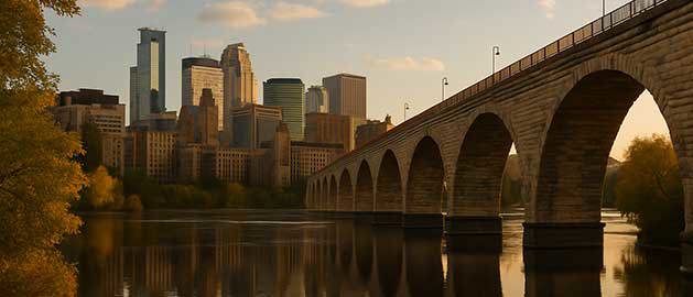 Stone Arch Bridge over the Mississippi River at sunset with the Minneapolis skyline in the background, representing Stratasys Direct’s 3D printing services in Minnesota