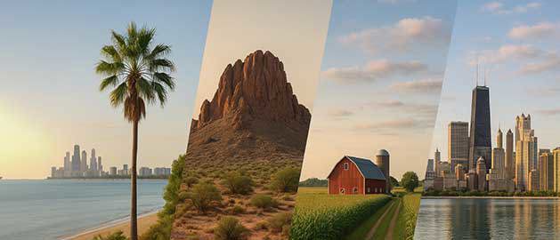 Collage of iconic U.S. landscapes representing Stratasys Direct’s nationwide 3D printing service locations, including a California beach skyline with palm trees, an Arizona desert rock formation, an Illinois farmland barn, and the Chicago city skyline reflecting on Lake Michigan.