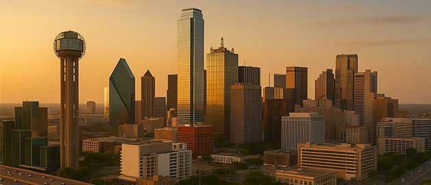 Dallas, Texas skyline with modern high-rise buildings—representing Stratasys Direct’s 3D printing services for businesses across the Dallas–Fort Worth area.