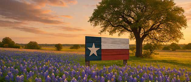 Open field with the Texas state flag, symbolizing Stratasys Direct’s 3D printing services proudly serving industries across Texas.