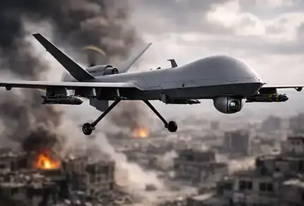 Armed military drone flying above a war-torn city, illustrating the operational role of unmanned systems in modern conflict.