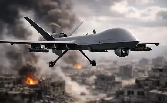 Armed military drone flying above a war-torn city, illustrating the operational role of unmanned systems in modern conflict.