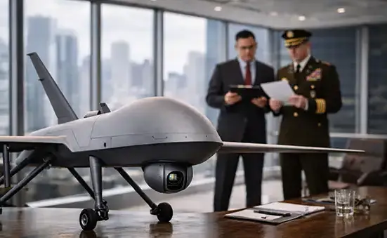 Defense officials review documents beside a military drone inside a modern office, representing Department of Defense oversight and acquisition planning.