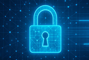 Blue lock with a geometric background representing cybersecurity.